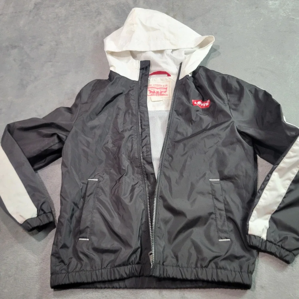 Levi's Windbreaker Jacket Kids Small 10 Black White Colorblock Hooded Logo Sport